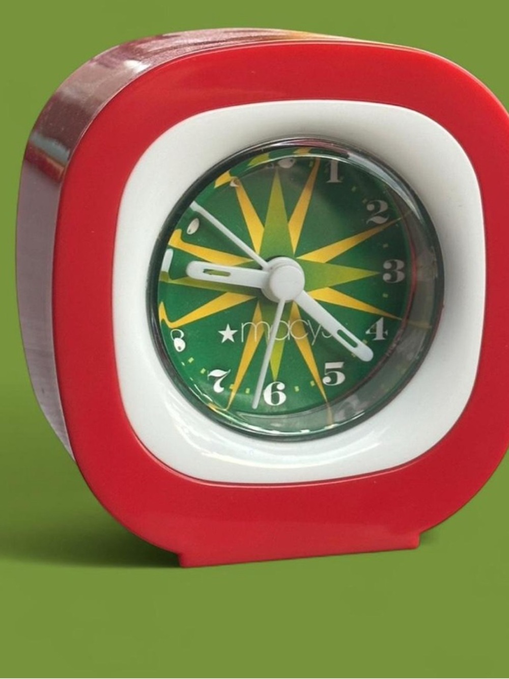 Macy's Red and White Retro Alarm Clock with Green Dial